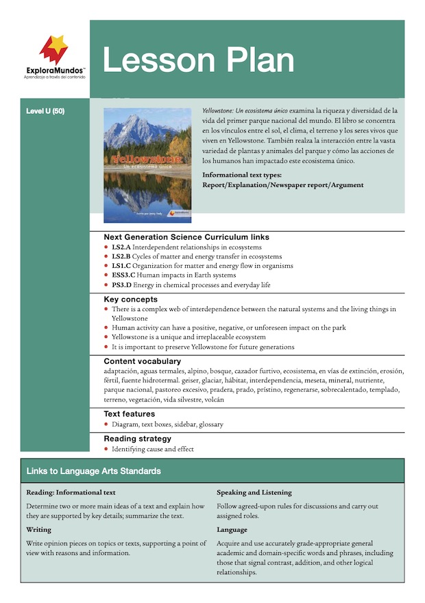 Yellowstone: Un ecosistema único Level U Lesson Plan
